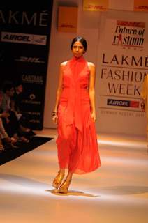 A model displays designer Astu's creations during the Lakme Fashion Week day 4 in Mumbai. .