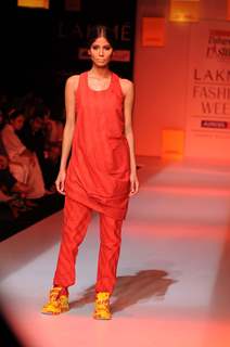 A model displays designer Kallol Datta's creations during the Lakme Fashion Week day 4 in Mumbai. .
