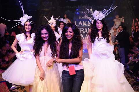 Models display designer Gauri & Nainika's creation during the Lakme Fashion Week 2011 Day 5 in Grand Hyatt, Mumbai. .