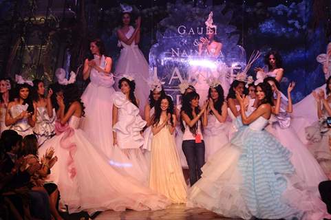 Models display designer Gauri & Nainika's creation during the Lakme Fashion Week 2011 Day 5 in Grand Hyatt, Mumbai. .