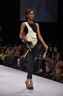 A model displays designer Prabhat kumar's creations during the Lakme Fashion Week 2011 Day 5 in Grand Hyatt, Mumbai. .