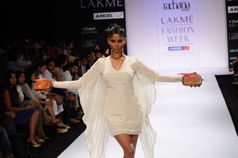 A model displays designer Rachana Reddy's creations during the Lakme Fashion Week 2011 Day 5 in Grand Hyatt, Mumbai. .