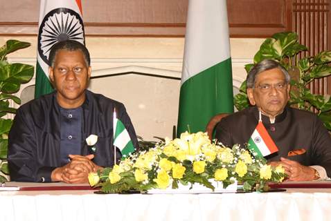 Affairs Minister S M Krishna and Minister of Foreign Affairs, Nigeria,Henry Odien Ajumogobia at the agreement signing in New Delhi on Wed 16 March 2011. (IANS Photo).