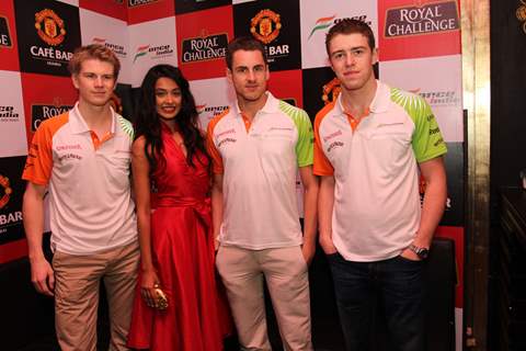 Nico Hulkenberg, Actress Sarah Jane Dias, Adrian Sutil & Paul di Resta at Force India Press Conference. .