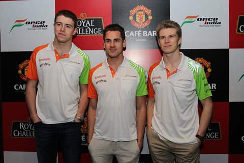 Paul di Resta, Adrian Sutil and Nico Hulkenberg at Force India Press Conference. .