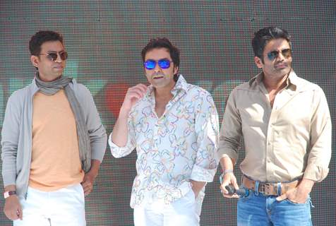 Bobby Deol, Irfan Khan and Sunil Shetty promoting movie Thank You at Madh Island, Mumbai