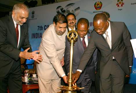 Prime Minister of Mozambique,Aires Bonifacio Ali,Prime Minister of Togo,Gilbert Fossoun Houngbo,Union Minister Commerce & Industries , Anand Sharma, President CII , Hari Bhartia and Chairman CII Africa Committee,Sanjay Kirloskar at the ...