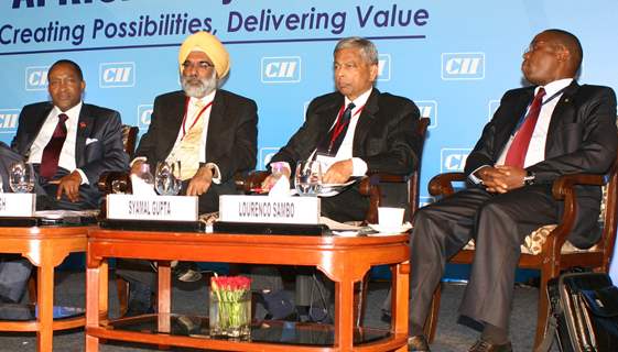 (L to R),Prime Minister of Mozambique Aires Bonifacio Ali,JS(E&SA) Gurjit Singh,Chairman Emeritus,Syamal Gupta and CPI General Director Lourenco Sambo at the special country session-Focus Partner Country:Mozambique at the ''7th CII-Exim Bank ...