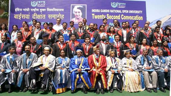 IGNOU Vice-Chancellor V N Rajasekharan Pillai and senior faculty members with the Gold Medalist, after the Indira Gandhi Open University's convocation in New Delhi on Saturday.  .