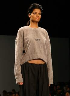 A Model showcasing designer Kallol Datta 1955's creations at the Wills Lifestyle India Fashion Week autumn winter 2011 in New Delhi on Wed 6 April 2011. .