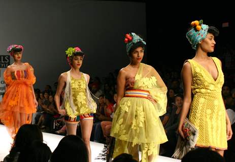 Models showcasing designer Rehane's creation at the Wills Lifestyle India Fashion Week autumn winter 2011,in New Delhi on Wed 6 April 2011. .