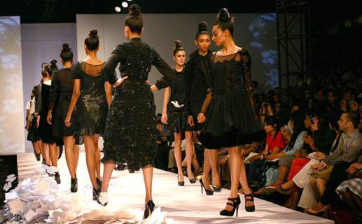 Models showcasing designer Varun Bhal's creations at the Wills Lifestyle India Fashion Week autumn winter 2011,in New Delhi on Wednesday. .