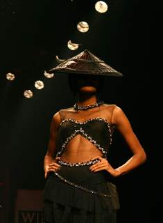 A model showcasing designer Tarun Tahiliani's creation at the Wills Lifestyle India Fashion Week autumn winter 2011,in New Delhi on Wednesday. .