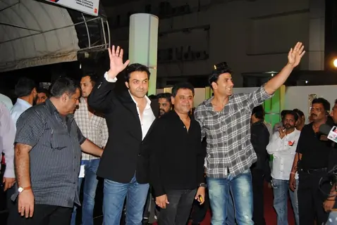 Anees Bazmee with Akshay and Bobby at Premiere of Thank You movie at Chandan, Juhu, Mumbai