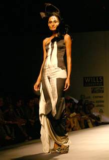 A model showcasing designer Gaurav Gupta's creation at the Wills Lifestyle India Fashion Week autumn winter 2011,in New Delhi on Saturday 9 April 2011. .