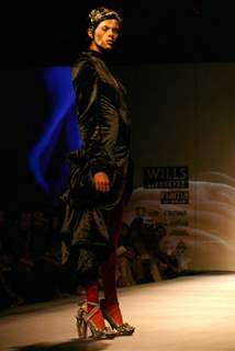 A model showcasing designer Gaurav Gupta's creation at the Wills Lifestyle India Fashion Week autumn winter 2011,in New Delhi on Saturday 9 April 2011. .