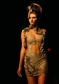 A model showcasing designer Gaurav Gupta's creation at the Wills Lifestyle India Fashion Week autumn winter 2011,in New Delhi on Saturday 9 April 2011. .