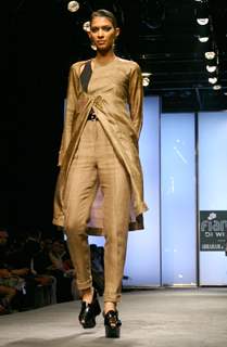 A model showcasing designer Abraham & Thakore's creation at the Wills Lifestyle India Fashion Week autumn winter 2011 in New Delhi on Saturday 9 April 2011. .