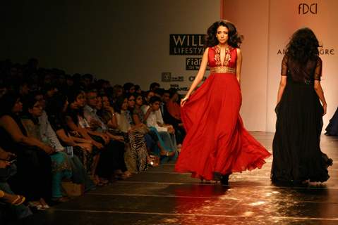 A model showcasing designer Anita Dongre's creation at the Wills Lifestyle India Fashion Week autumn winter 2011,in New Delhi on Sunday. .