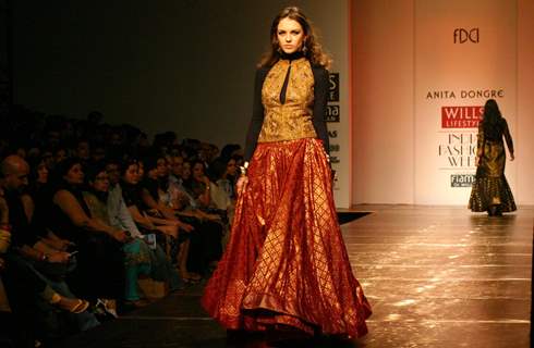 A model showcasing designer Anita Dongre's creation at the Wills Lifestyle India Fashion Week autumn winter 2011,in New Delhi on Sunday. .