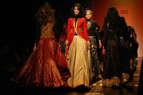 Models showcasing designer Anita Dongre's creations at the Wills Lifestyle India Fashion Week autumn winter 2011,in New Delhi on Sunday. .