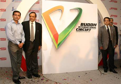 (L to R) Jaypee Group's JPSK Sports  MD Smeer Gaur,Chairman  Mukesh Gaur and Vicky Chandhok at the unveiling of 'Buddh International Circuit' (Formula-1 race Circuit) Logo, at Greater Noida on Monday. .