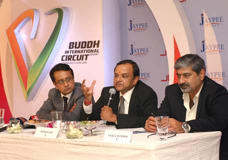 (L to R) Jaypee Group's JPSK Sports  MD Smeer Gaur,Chairman  Mukesh Gaur and Vicky Chandhok at the unveiling of 'Buddh International Circuit' (Formula-1 race Circuit) Logo, at Greater Noida on Monday. .