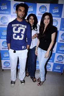 Ekta Kapoor with Raj Kumar Yadav and Kainaz Motivala cast of Ragini MMS at Radio one at Parel