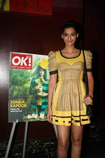 Sonam Kapoor shows off the OK magazine cover at its launch event held at Enigma in Mumbai