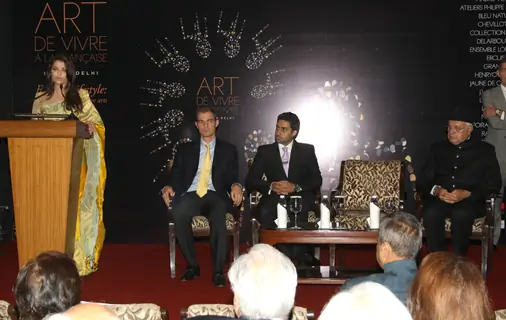 Aishwarya, Abhishek, Farooq Abdullah and Jme Bonnafont at award ceremony of Knight of Order Of Arts