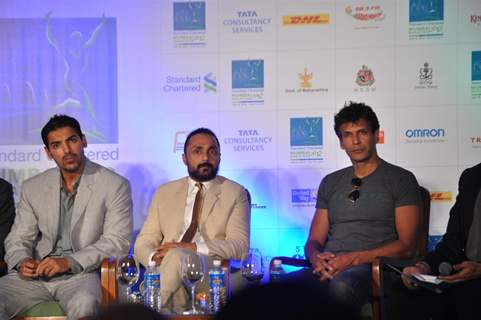 John, Rahul and Milind during the launched of registrations for Mumbai Marathon 2012 categories of 9th Edition at Trident Hotel