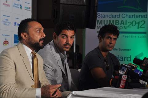 John, Rahul and Milind during the launched of registrations for Mumbai Marathon 2012 categories of 9th Edition at Trident Hotel