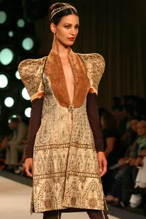 Model showcasing designer J J Valaya's creation at the Synergy one Delhi Couture Week,in New Delhi