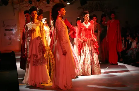 Models showcasing designer Varun Bhal's creations at the Synergy one Delhi Couture Week, in New Delh