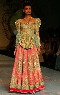 Model showcasing designer Varun Bhal's creation at the Synergy one Delhi Couture Week, in New Delhi