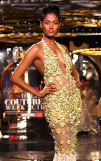A model showcasing designer Manav Gangwani's creation at the Synergy1 Delhi Couture Week, in New Del