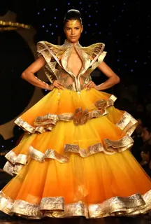 A model showcasing designer Manav Gangwani's creation at the Synergy1 Delhi Couture Week, in New Del