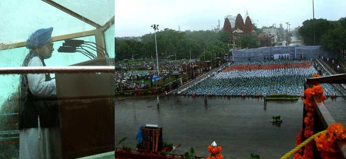 Prime Minister Manmohan Singh addressing to the nation during heavy rain, at the Red Fort on Independence Day  on Monday. .