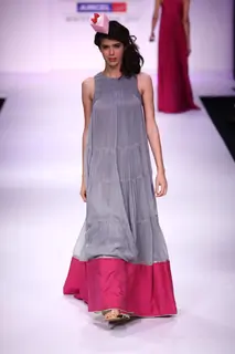 Model displays designer VJ Balhara's creation during the Lakme Fashion Week Day 3 in Mumbai. .