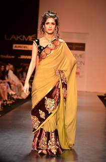 Model display creations by designers Bhumika and Shyamal during Lakme Fashion Week Day 3 in Mumbai. .