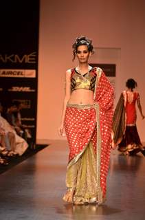 Model display creations by designers Bhumika and Shyamal during Lakme Fashion Week Day 3 in Mumbai. .