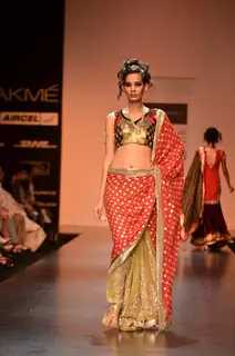 Model display creations by designers Bhumika and Shyamal during Lakme Fashion Week Day 3 in Mumbai. .