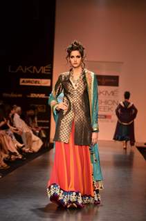 Model display creations by designers Bhumika and Shyamal during Lakme Fashion Week Day 3 in Mumbai. .