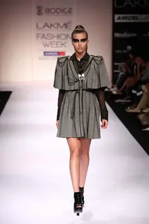 Model display creations by designer Ruchika Sachdeva during Lakme Fashion Week Day 3 in Mumbai. .