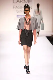 Model display creations by designer Ruchika Sachdeva during Lakme Fashion Week Day 3 in Mumbai. .
