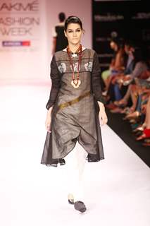 Model displays designer Paromita Banerjee's creation during the Lakme Fashion Week Day 3 in Mumbai. .