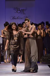 Model showcase creation by designer Babita Malkani during the Lakme Fashion Week Day 4 in Mumbai. .