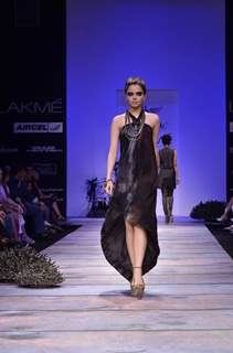 Model showcase creation by designer Babita Malkani during the Lakme Fashion Week Day 4 in Mumbai. .