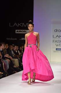 Model display creations by designer Drashta during Lakme Fashion Week Day 4 in Mumbai. .