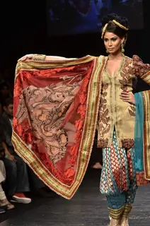 Model displays designer Neeta Lulla's creation during the Lakme Fashion Week Day 4 in Mumbai. .